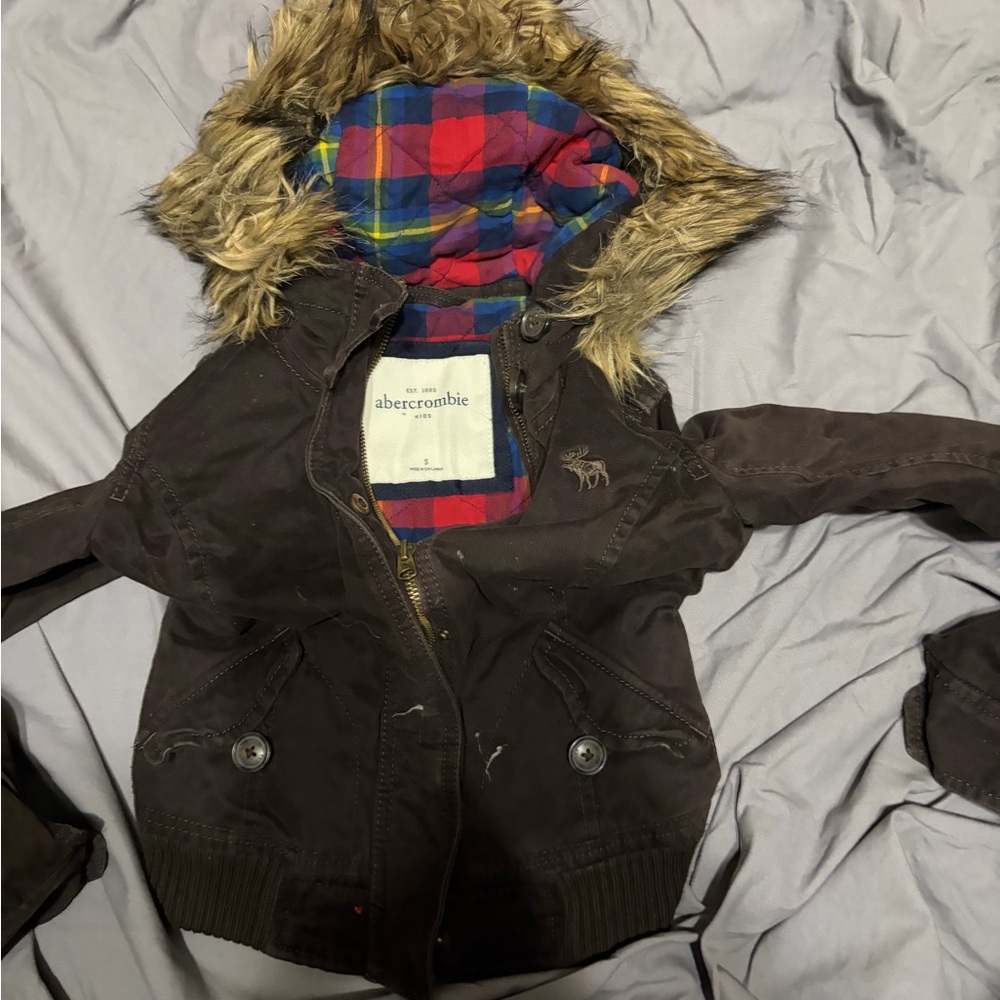 Abercrombie & Fitch Kids Dark Brown Puffer with Faux Fur Hood